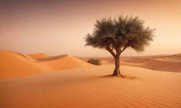 Lonely tree in the desert. At the golden hour