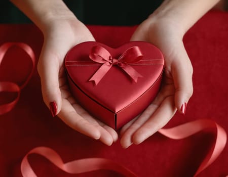 A pair of elegant hands gracefully hold a heart-shaped gift box adorned with a delicate red ribbon. The image evokes a sense of love and affection and is perfect for occasions like Valentine s Day or anniversaries.