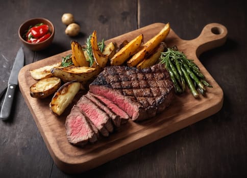 A delicious and appetizing meal, focusing on a grilled steak that is complemented by various sides. The steak is cooked to medium-rare perfection and garnished with herbs. The fries are crispy and seasoned, and the tomatoes are fresh and juicy. The meal is presented on a wooden board and table, giving the scene a cozy and homely atmosphere.