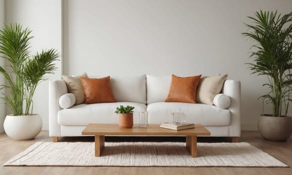 A pristine white sofa adorned with plush cushions sits gracefully in a well-lit living room. Surrounded by luscious indoor plants and resting on a textured rug - it epitomizes modern comfort and style. Ideal for showcasing the allure of minimalist interior designs.