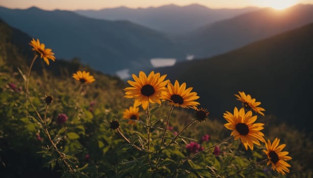 A serene and picturesque landscape during golden hour as warm sunlight softly illuminates the scene. A group of bright yellow flowers stands out in the foreground, while layers of majestic mountains and a tranquil lake are visible in the background.