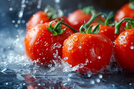 Ripe tomato fruits in water, splashes, freshness.
