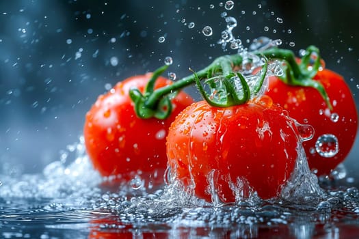 Ripe tomato fruits in water, splashes, freshness.
