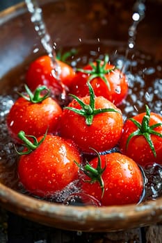 Ripe tomato fruits in water, splashes, freshness.