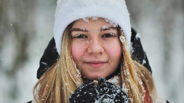 A young girl freezes in the woods in winter