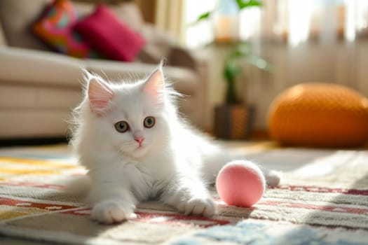 Joyous interaction of a white kitten and a pink ball during playtime.
