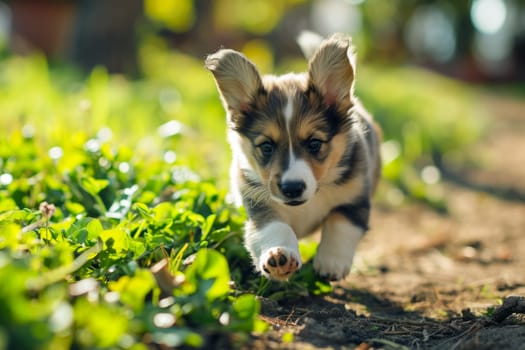 A cute, small dog is energetically running and playing in a beautiful green grass field.