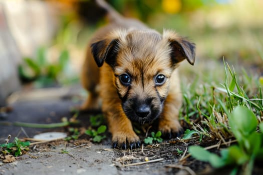 A small brown dog stands firmly atop a vibrant and well-maintained green field.