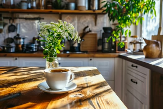 A cup of coffee sits on top of a wooden table.