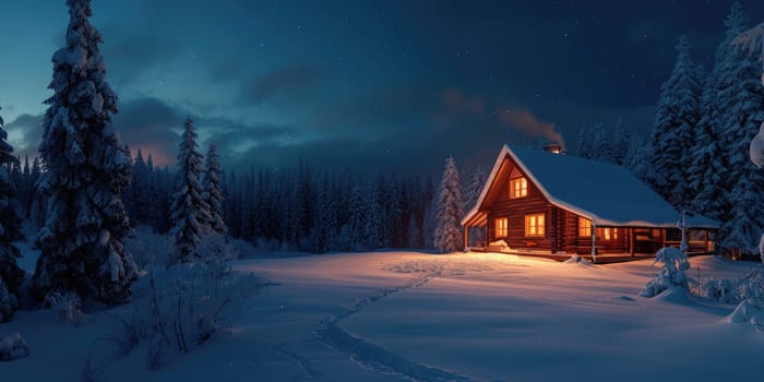 A lone log cabin radiates warmth with its glowing windows against the twilight of a tranquil, snow-covered forest landscape. Resplendent.