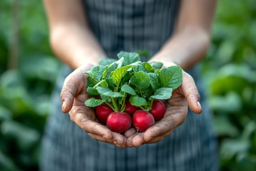 Hands of a woman holding a radish in a vegetable garden. Close-up.