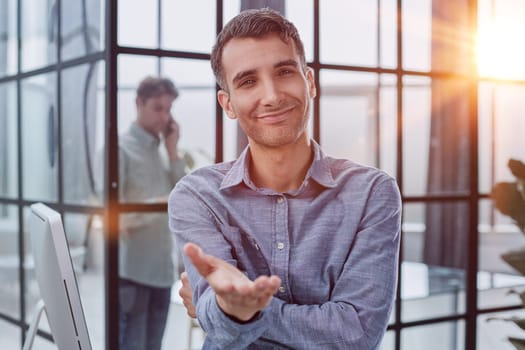 Happy businessman suit stretch hand for handshake greet to someone,