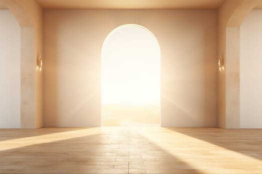 A bright empty room with bright light behind an open door.