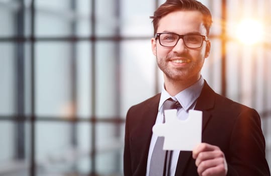 Businessman connect pieces of puzzle think of problem solving. Brainstorm, decision concept.