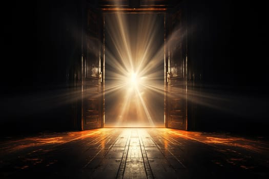 An open door to a space with fire and bright rays.