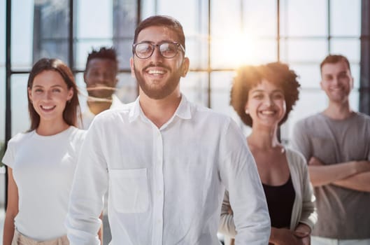 Successful company with happy workers. employees group team portrait