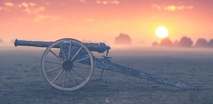 Civil Ware Era Gun Carriage (Cannon) On A Field At Dawn