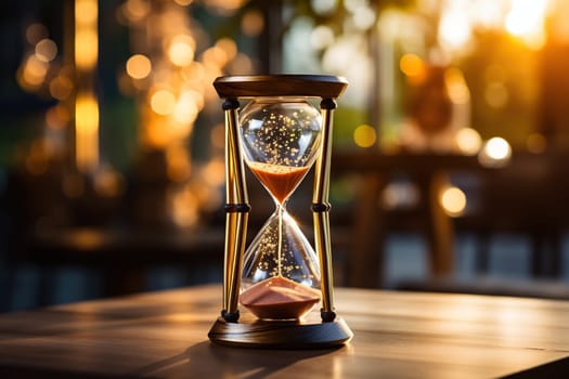 Elegant hourglass on a wooden surface with golden bokeh background.