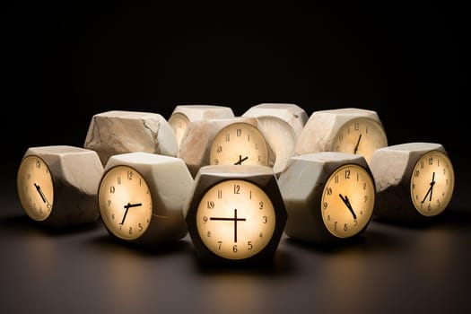 Many watches with a marble case and dial on a black background. Time concept.