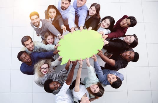 businessmen holding blank speech bubble above their heads. View from above