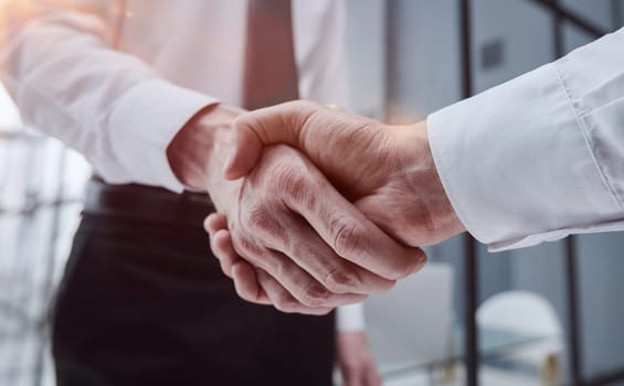 Business partners shaking hands in meeting hall