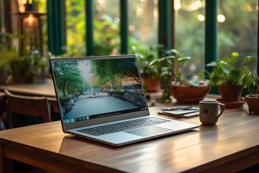 A modern laptop on a wooden tabletop near huge panoramic windows. Live plants in a pot. Remote work concept