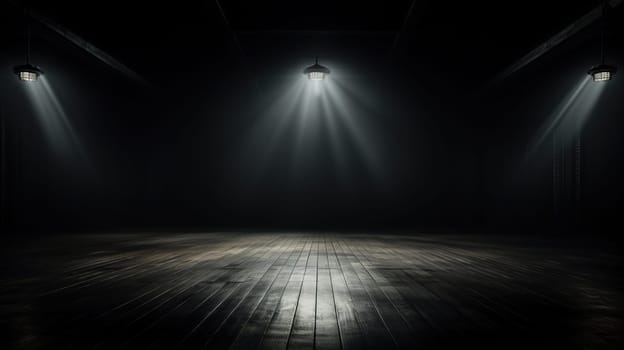Empty dark room with wooden floor and lamp on top.