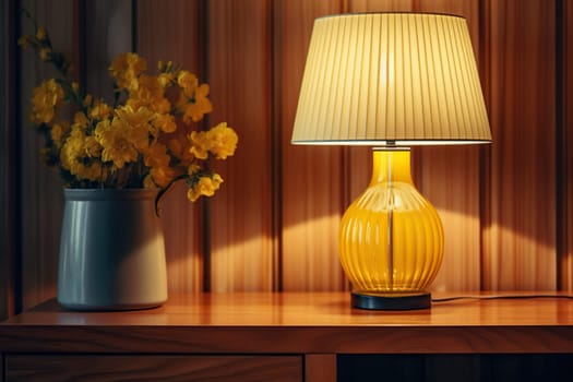 Yellow table lamp on a wooden surface with a bouquet of yellow flowers, cozy warm light.