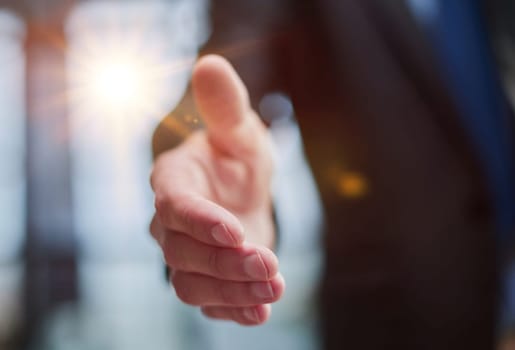 Welcome business. Handshake, business man with shake hands. Welcome handshake. Corporate greeting hand.
