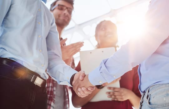 Young startup in casual clothes shaking hands in a modern office space by the window.