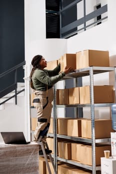 Warehouse worker taking out carton boxes from shelf, preparing clients orders in storage room. African american stockroom manager working at shipping details for packages in storehouse