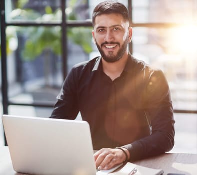 business man executive coach talking using laptop computer having video conference call virtual meeting, professional training negotiation remote working doing online presentation in office.