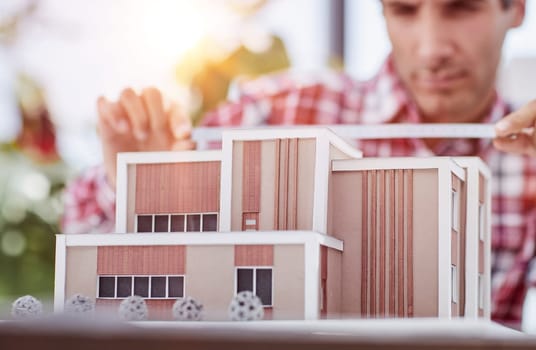 Architect Design Concept, engineer work on Blueprint Construction drawing and house model