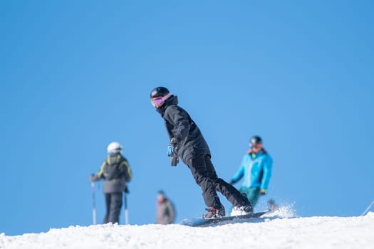 Grandvalira, Andorra: 2024 February 5 : Skier on the slopes of Grandvalira in Andorra in winter 2024.