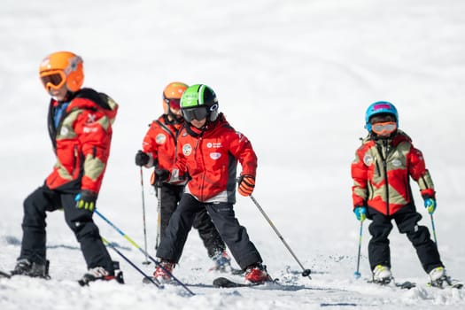 Grandvalira, Andorra: 2024 February 5 : Children Skiers on the slopes of Grandvalira in Andorra in winter 2024.