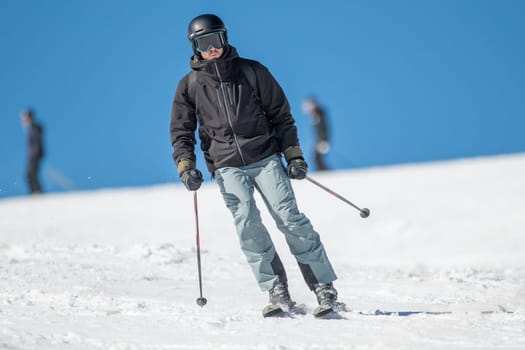 Grandvalira, Andorra: 2024 February 5 : Skier on the slopes of Grandvalira in Andorra in winter 2024.