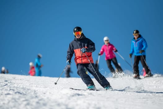 Grandvalira, Andorra: 2024 February 5 : Skier on the slopes of Grandvalira in Andorra in winter 2024.