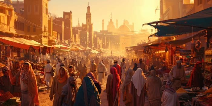 The warm glow of sunset bathes a traditional Moroccan market, where locals engage in commerce amid vibrant stalls and goods. Resplendent.