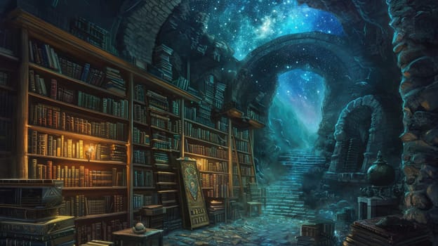 An ancient library filled with magical books, glowing orbs, and mystical artifacts. Shelves reach up to a high, vaulted ceiling, with soft light filtering through stained glass windows. Resplendent.