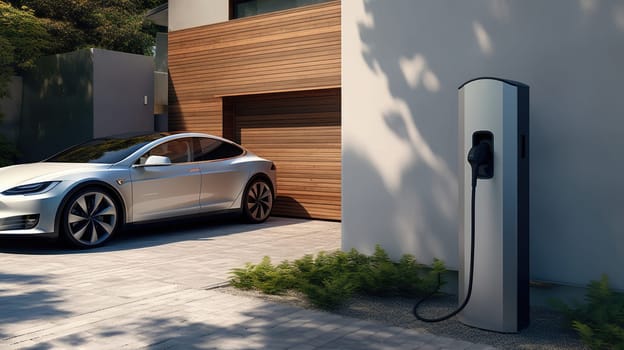 Generic electric vehicle EV hybrid car is being charged from wall charger on contemporary modern residential building house.