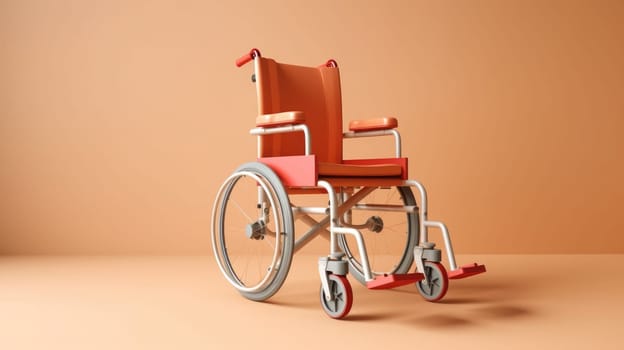 Empty medical wheelchair for invalid patient on orange empty background. Hospital health care support.