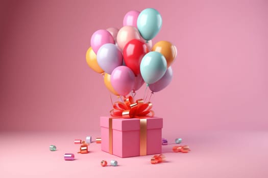 Gift box colorful balloons and ribbon floating pastel background illustration Generative AI.