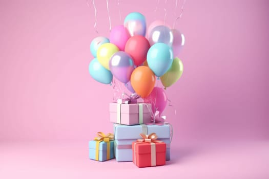 Gift box colorful balloons and ribbon floating pastel background illustration Generative AI.