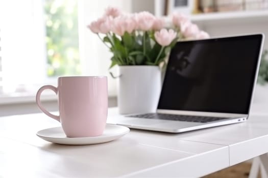 Blank white coffee mug mockup on work desk Generative AI.