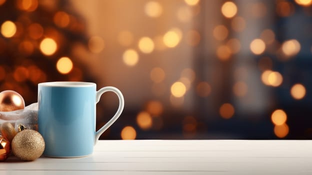 Cup of coffee at Christmas photorealistic copy space. Generative AI.