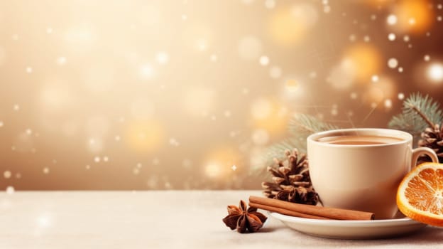 Cup of coffee at Christmas photorealistic copy space. Generative AI.