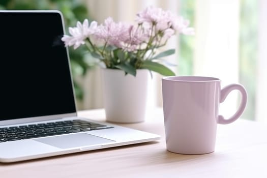 Blank white coffee mug mockup on work desk Generative AI.