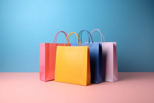 Studio shot of many colored shopping bags in a pastel background Generative AI.