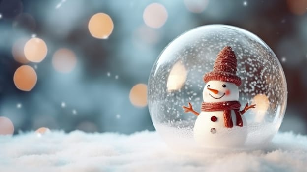 Glass ball on snow with snowman inside for Christmas. Generative AI.