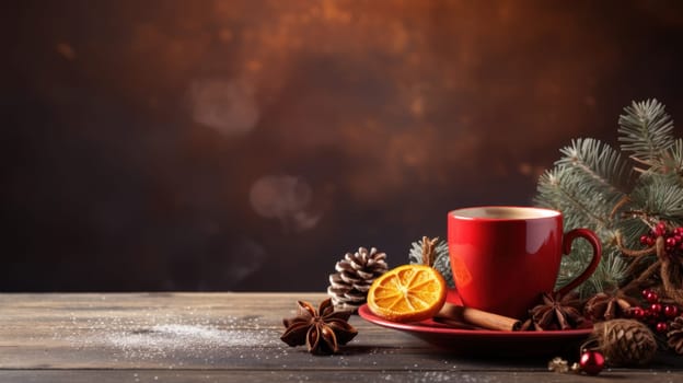 Cup of coffee at Christmas photorealistic copy space. Generative AI.